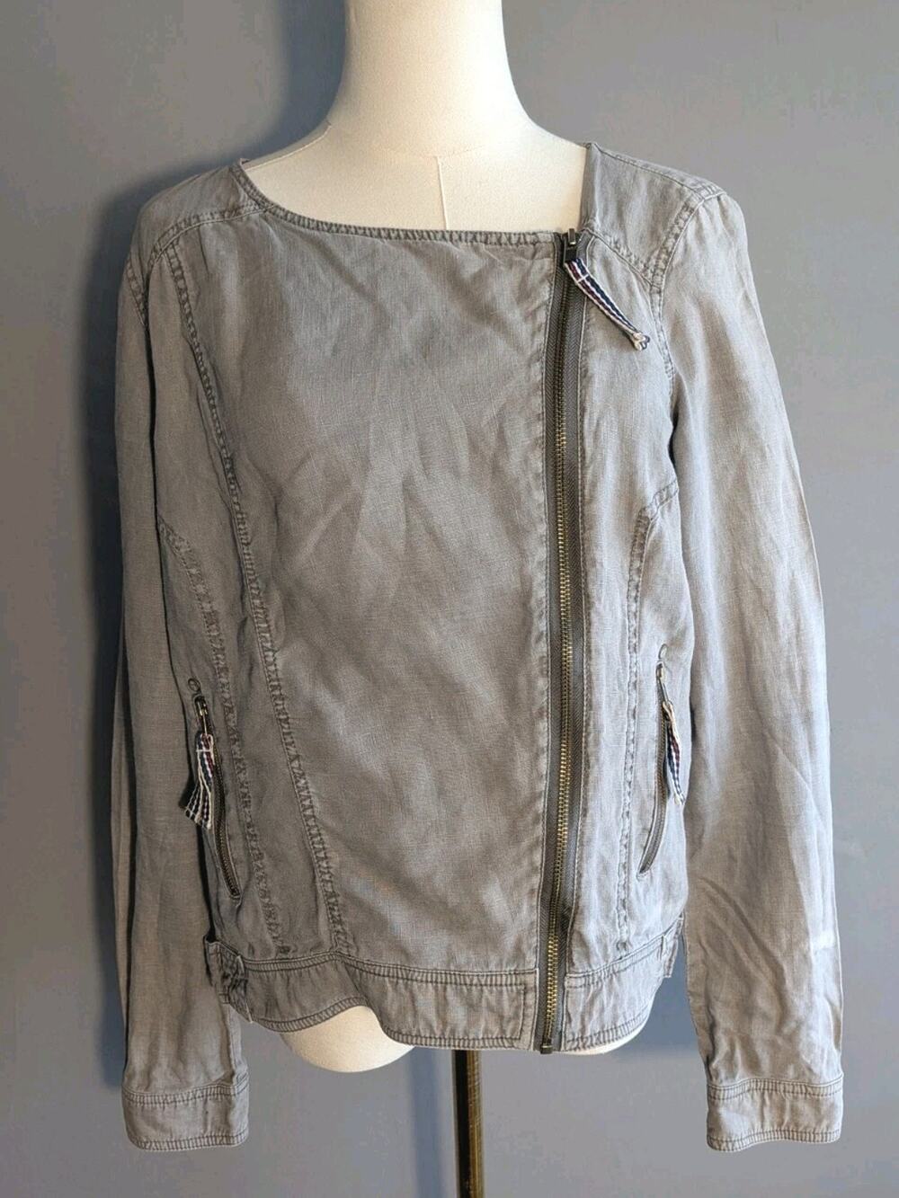 Michael Stars Linen Jean Moto Jacket Gray Zip Lightweight M Minimalist Classic